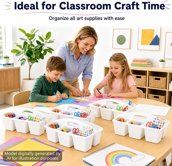 6 Pack Assorted Colors 6 Compartment Classroom Caddy with Handle Portable Plastic Storage Classroom Caddies Organizer for Classrooms Supply Teacher Office Table Desk(White)