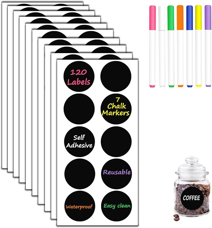 HERDIN Round Chalkboard Label Stickers, 120-Pc Set with 7 Markers | 120 Labels, 7 Markers, Round Shape, 5 x 5 cm, Waterproof Writing Surface, Pantry Jars, Food Containers, Storage Bins
