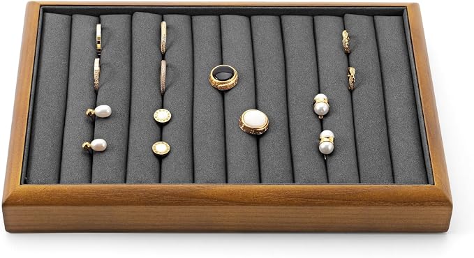 Oirlv Dark Grey Wood Jewelry Tray for Ring Display & Storage | Solid wood base with microfiber lining, multi-compartment design, ideal for jewelry display, ring storage & shop showcase
