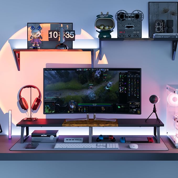 TEAMIX 42 inch Large Dual Monitor Riser, Desk Organizer Stand for TV Laptop | Extra Long Computer Stand Shelf, Wood & Steel TV Riser, Holds 300lbs, Keyboard & PS5 Storage Below, For Home Office & Gaming