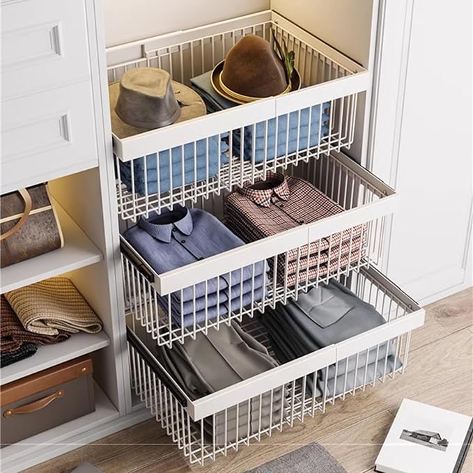 Pull Out Basket Drawer with Runners,Metal Under Shelf Storage Basket,Stackable Storage Bins,Adjustable Width 33-117cm,for Wardrobe Organization(Width 71-117cm)