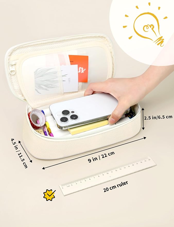 SUNEE Cute Pencil Case, Aesthetic Pen Pouch, Colored Large Pencil Bag with Zipper, Kawaii Stationery Storage and Organizer, School Supplies for Teen and Adult Girls, Beige