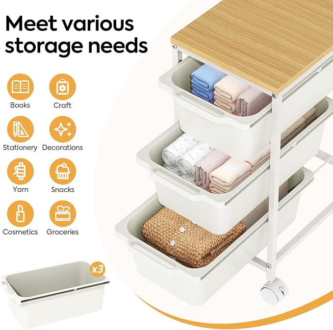 Slim Rolling Storage Cart with 3 Drawers, Craft Organizer, Wooden Tabletop Utility Cart for Bedroom, Children's Room and Office Organization, Under Desk Trolley with Lockable Wheels,White