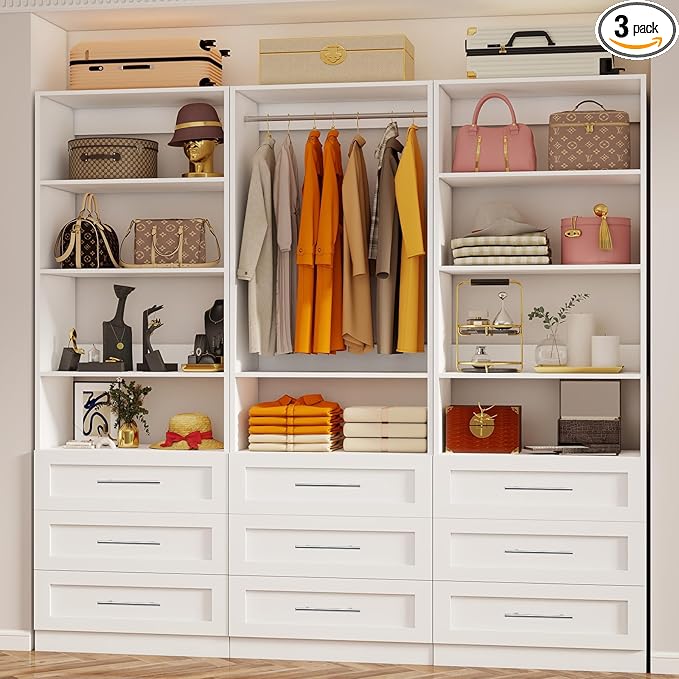 Closet System with 3 Sets, 6–15 FT Closet Organizer System with 9 Drawers, 9 Shelves & 4 Rods, Walk-In Modular Closet System, Custom Built-In Closet Kit, White
