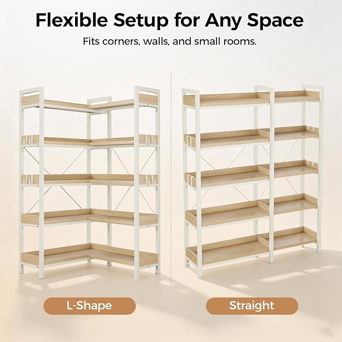 GTPLAYER 5-Tier Corner Bookshelf, L-Shaped Metal Frame Shelf with Tall 14" Shelves, Plant Stand and Storage Rack for Small Spaces, Living Room and Home Office, Light Oak