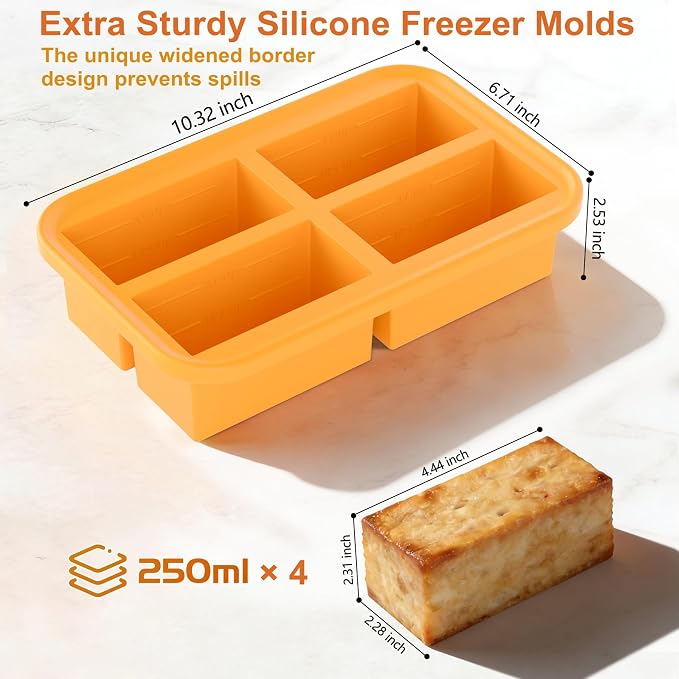 Bangp 1-Cup Silicone Freezer Molds with Lid for Soup Ice Cubes | Food Freezer Container Molds for Meal Prep,Rice,Broth,Leftovers,Makes 4 Perfect 1 Cup Portions,Oven & Dishwasher-Safe