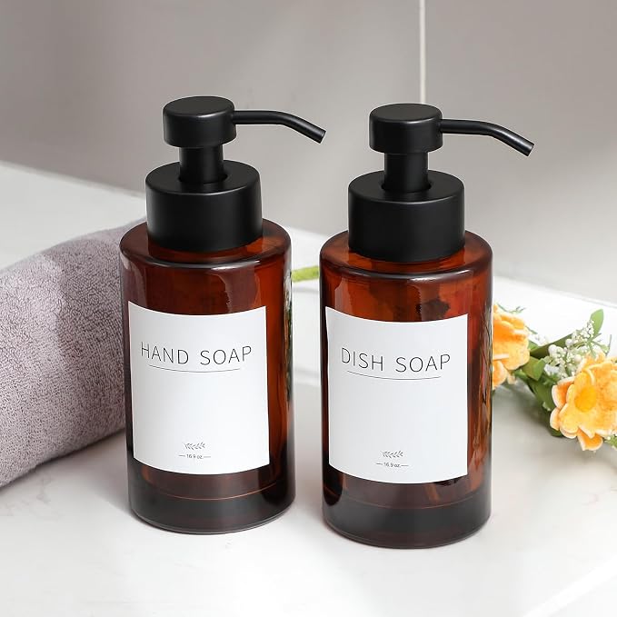 Glass Foaming Soap Dispenser Set with 304 Stainless Steel Pump 12oz 2 Pack | Rust Proof Black Pump, Sturdy, Brown Empty Foam Bottle with Waterproof Labels for Bathroom Decor Kitchen Colleage Dorm