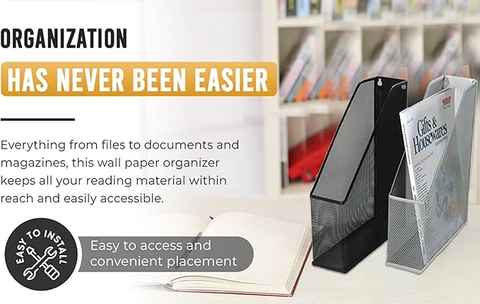 YBM HOME Steel Mesh Wall Magazine File Holder for Home & Office Organization, Serves as a Magazine Rack, Desk Organizer, Letter and Mail Bin, Holds Up to 20 Magazines - 4-Pack Silver, 1111-4