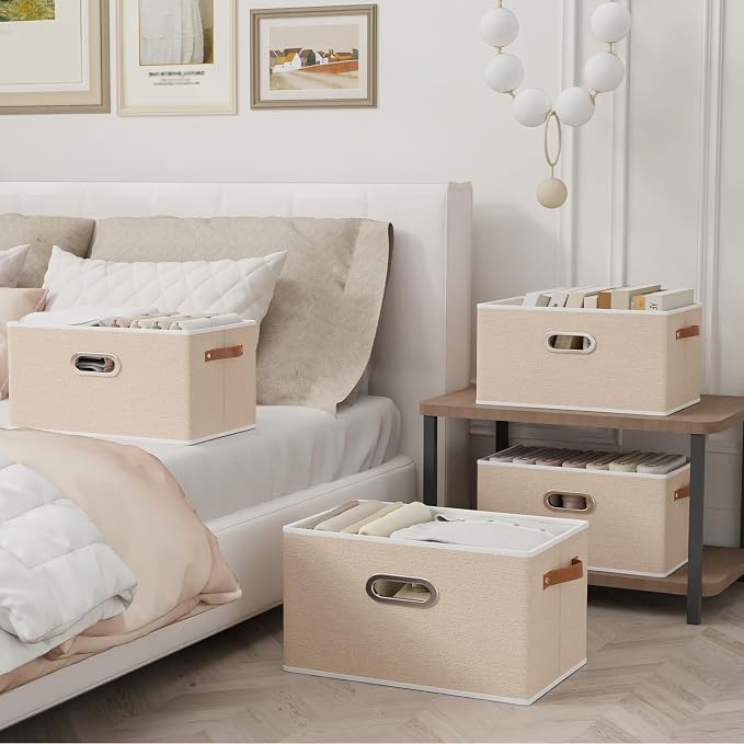 Yawinhe Collapsible Storage Box, Cube Storage Basket, Fabric Foldable Storage Bins Organizer Containers with Dual Leather Handles for Home Bedroom Closet Office,15.0 x 9.8 x 8.3 Inch, (Beige, 4-Pack) | Foldable Storage Baskets for Shelves, Closet Boxes...
