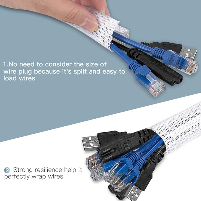 AGPTEK Cable Sleeve, 6.6ft - 1.5 inch Cable Management Desk Cord Cover Organizer Wire Hider for Home Office Computer TV Wire Loom Tubing Pet Proof Cord Protector from Cat Dog Chewing, White