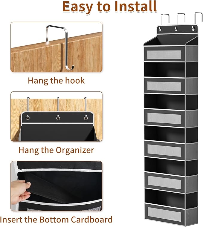 6-Tier Over The Door Organizer with 6 Large Pockets, Over the Door Storage 12 Side Pockets, Hanging Door Organzier 44 lb Load Behind Door Storage Hanging Shelf for Closet Wall Bathroom Nursery, Black