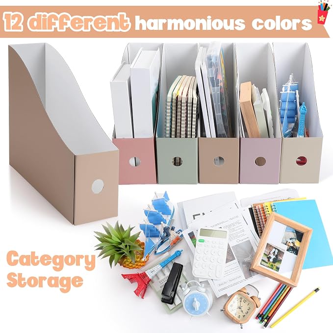 Colarr 48 Pcs Cardboard Magazine Holders 12 Colors Magazine Storage Box with Label Stickers File Folder Book Holder for Desk Desktop Document for School (Morandi Color)