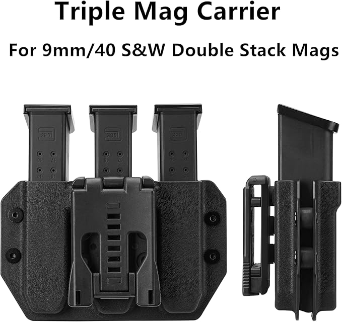 Universal Magazine Carrier | 9MM/40SW Duty Style Triple Mag Pouch | Premium Mag Holster with Combat Belt Clip for Double Stack Mags