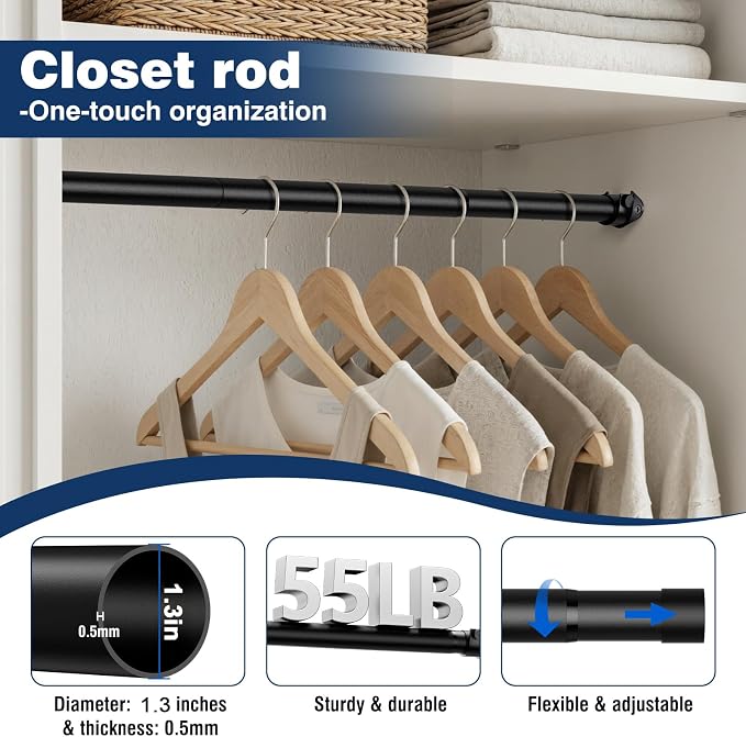 Closet Rods for Hanging Clothes, 16 to 52 Inches Adjustable Closet Rod，Black Tension Rod for Closet Heavy Duty Metal Closet Pole, 1.3 Inch Diameter Closet Rod for Wardrobes Closet RV