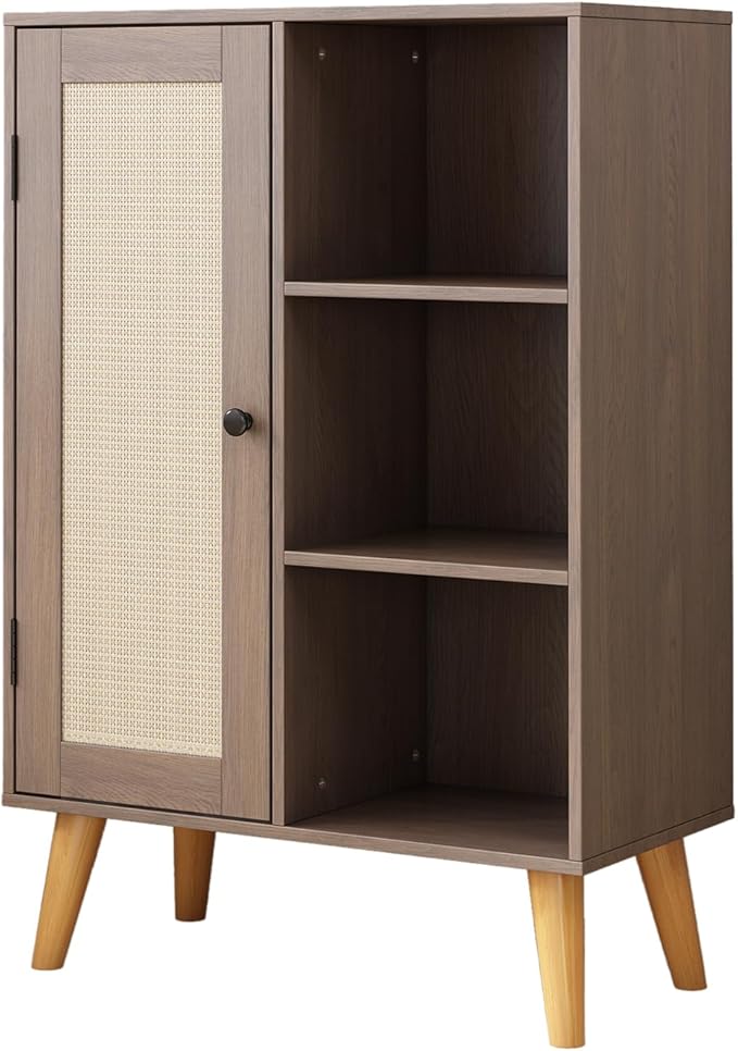 Multifunctional Wooden Storage Cabinet with Rattan Doors, Home Large Capacity Magazine and Book Storage Shenanigans (Oak)