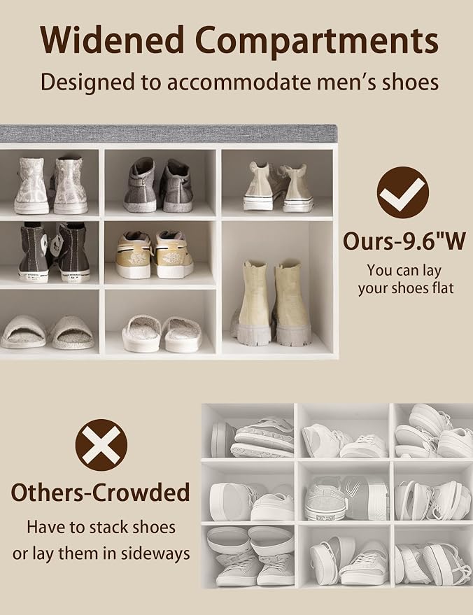 DINZI LVJ Shoe Storage Bench with Cushion, 15-Cubby Shoe Rack, Adjustable Shelves, Long Shoe Organizer Bench for Entryway, Mudroom, Hallway, Living Room, Bedroom and Garage, White