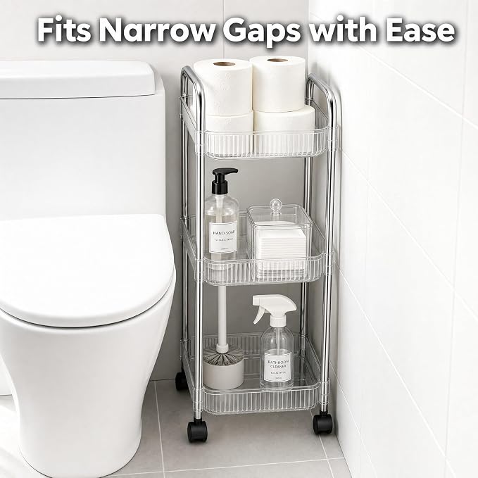3 Tier Rolling Cart with Lockable Wheels, Clear Acrylic Slim Utility Cart, 13" x 8.3" x 26" Narrow Storage Organizer for Bathroom, Kitchen, Office - Lightweight & Tool-Free Assembly (Clear)