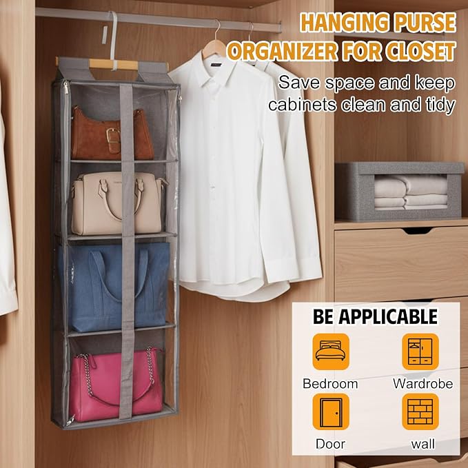 Silkfly 2 Pack Hanging Purse Organizer with Zipper for Closet Handbag Storage PVC Mesh Shelves with 4 Pockets for Bedroom Door Wardrobe Shelf Rack Space Saving(Brown)