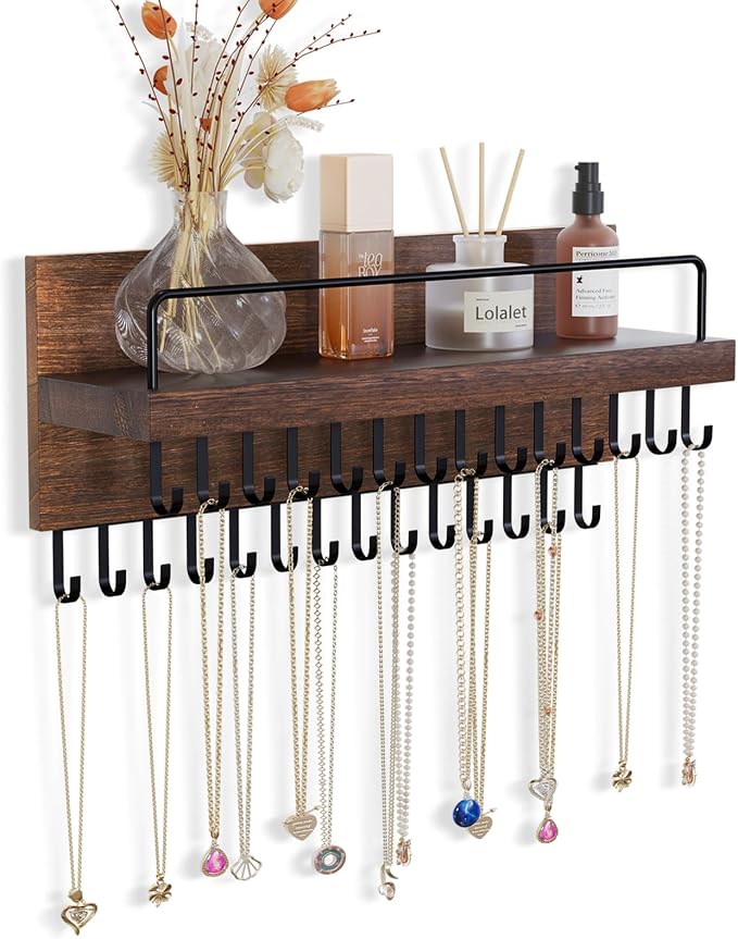 Lolalet Necklace Holder for Wall, Hanging Jewelry Organizer -Brown | 28 Hooks Wooden Wall Mount Jewelry Organizer with Perfume Shelf, Holds Necklaces, Bracelets & Accessories, Tangle-Free