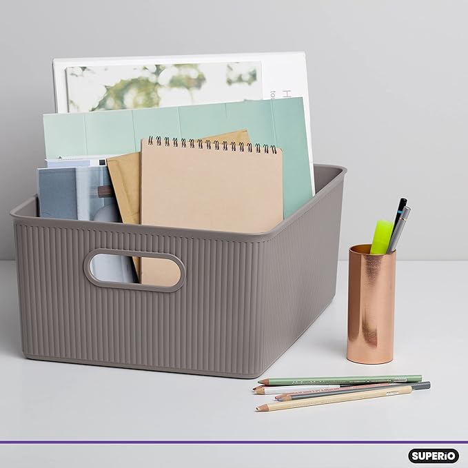 Superio Ribbed Collection - Decorative Plastic Basket Open Home Storage Bins Organizer, Large Taupe (2 Pack) Container Boxes for Organizing Closet Storage Bins for Shelves 15 Liter/16 Quart