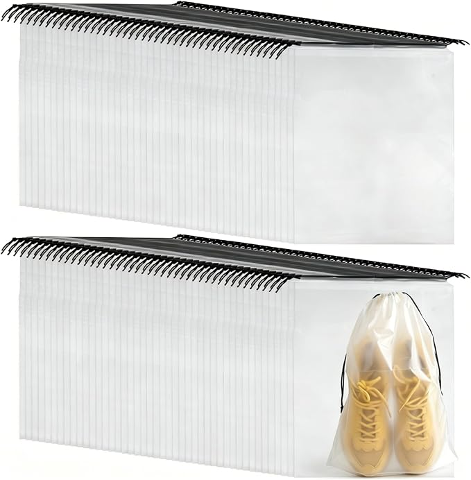 100Pcs Shoe Bags for Travel，PLULON 15.7" x 11.8" Clear Drawstring Storage Plastic Bags Shoes Organizer for Packing Waterproof Dustproof Women Men Portable Travel Essentials