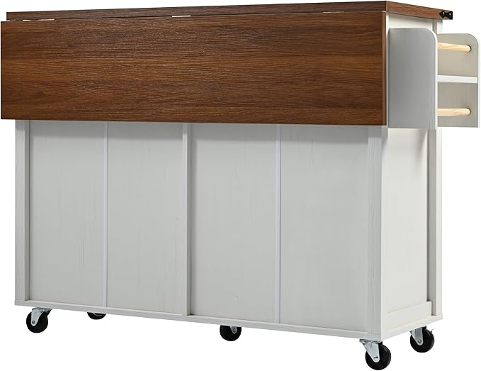 Amposei Farmhouse Rolling Kitchen Island with Power Outlet, Drop Leaf Breakfast Bar, Wooden Mobile Storage Island Cart on Wheels with Drawers, Spice Rack for Kitchen Dining Room (Retro White)