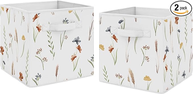 Sweet Jojo Designs Boho Floral Garden Flower Girl Collapsible Fabric Storage Cubes Foldable Bins Organizer Boxes Kid Baby Childrens Toy Set of 2 Watercolor Bohemian Farmhouse Vintage Shabby Chic Green