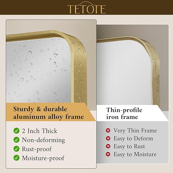 TETOTE 32 x 36 Inch Brushed Gold Frame Mirror, Bathroom Vanity Mirror for Wall, Modern Rectangle Round Corner Matte Framed Mirror (Horizontal/Vertical)