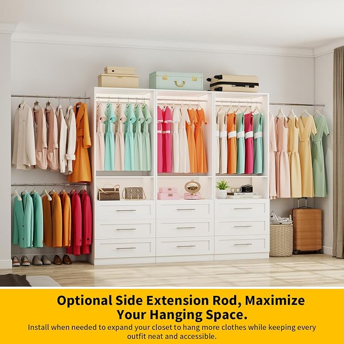 Closet System with 9 Drawers, 6-15FT Closet Systems for Walk in Closets with 6 Expandable Rods & 3 Shelves, Wood Custom Modular Closet Organizer Storage System Shelving Kit, 3 Sets, White