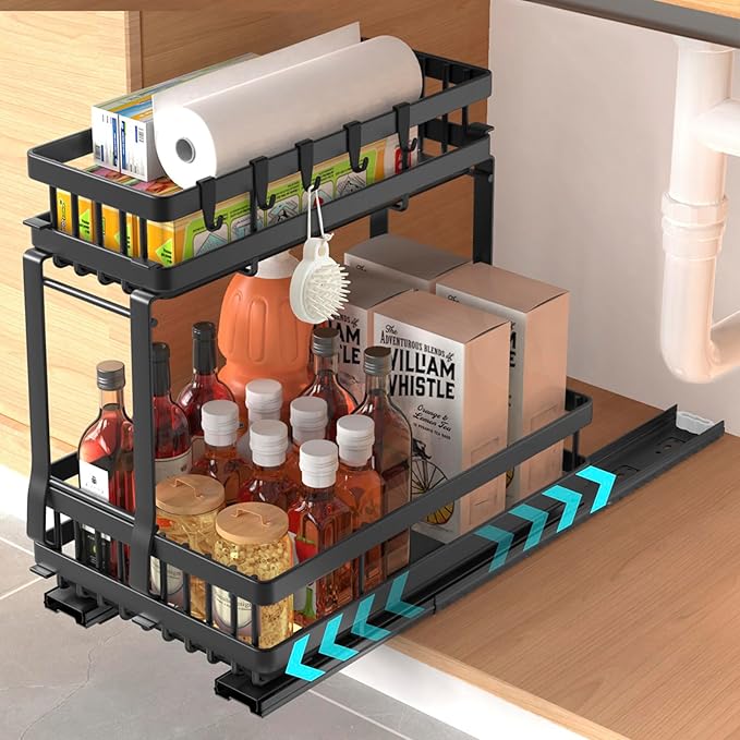 Upgrade Under Sink Organizer for Bathroom Kitchen, 2 Tier Cabiner Slide Out Shelves Basket Stable Carbon Steel Shelf Storage for Home, Laundry Room