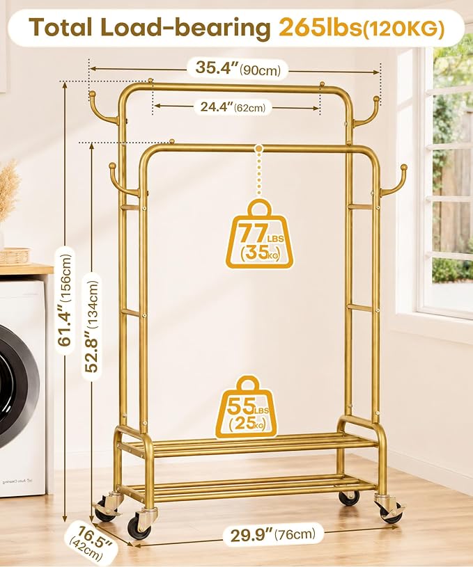 Homde Sturdy Garment Rack for Bedroom: 265 lbs Heavy Duty Clothes Organizer | 2 Hanging Rods Hold Coat to T-Shirt - Easy Roll & Park on Wheels - Metal Frame Stays Solid & Stable at Full Load