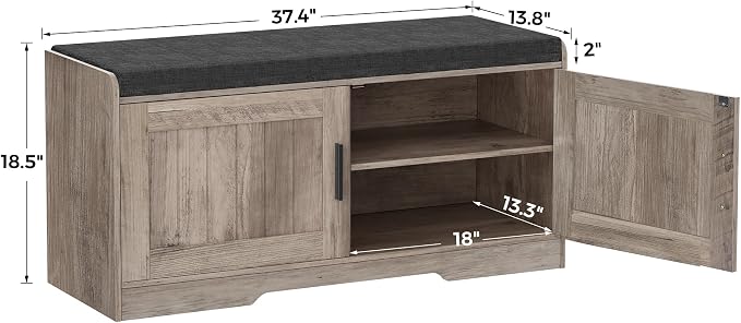 Homleke 2-Tier Storage Bench, Shoe Bench with Thickened Padded Seat Cushion, Entryway Bench with 2 Doors, Adjustable Shelf, 13.8" D x 37.4" W x 18.5" H, for Entryway, Living Room, Bedroom, Greige