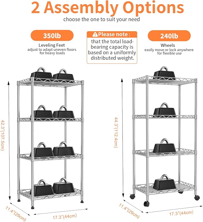 4-Tier Metal Shelf Wire Rack,Narrow Shelving Unit 17.3" Wx11.4 Dx44.3 H,Height Adjustable Kitchen Pantry Shelves with Lockable Wheels Storage for Laundry,Office,Bathroom Or Small Spaces