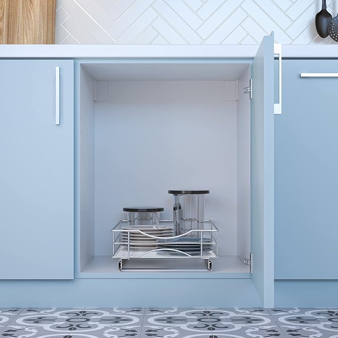 Home Zone Living Pull Out Kitchen Cabinet Organizer with Slide Out Drawer for Space Saving Storage, 14” W x 21” L