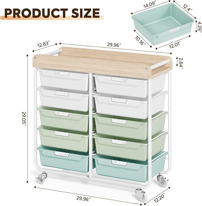 10-Drawer Rolling Cart, Art Cart with Wood Top & Side Handle, Multi-Purpose Craft Organizers and Storage with Lockable Wheels for Classroom, Dormitory, Craft Room and Art Supplies Organization(Green)