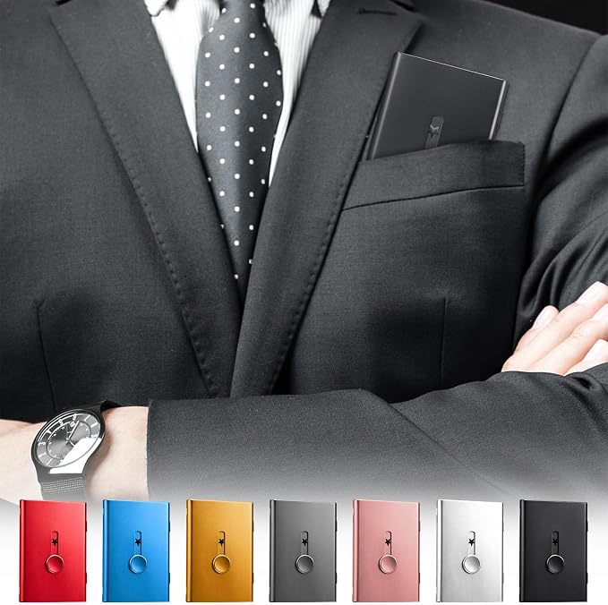 Tatuo 7 Pcs Multicolor Thumb Drive Business Card Holder Stainless Steel Business Name Card Case Portable Slide out Name Holder Wallet Nice Design Pocket for Men and Women