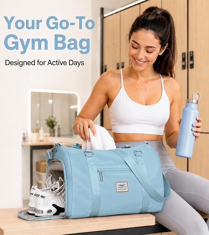 FIORETTO Womens Gym Tote Duffle Bag with Wet Pocket & Shoe Compartment, Sports Duffel Overnight Weekender Hospital Workout Carry on Bag for Girls, Ideal for Travel, Swimming, Dance, Ballet Light Blue