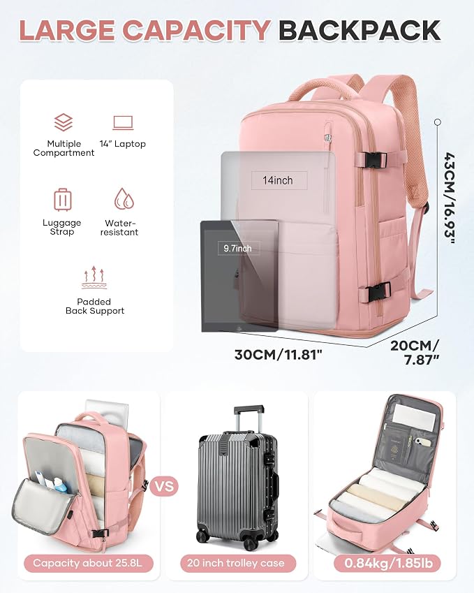WONHOX Large Travel Backpack Women, Carry On Backpack,Hiking Backpack Waterproof Outdoor Sports Rucksack Casual Daypack with Shoes Compartment, Pink
