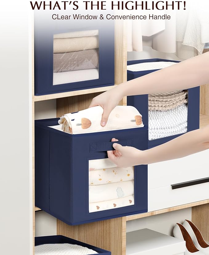 Homsorout Storage Cube 11 Inch - Cube Storage Bins with Window, Closet Storage Baskets with Handle, Fabric Bins for Closet, Shelves, Toys, Clothes, Set of 8, Navy Blue