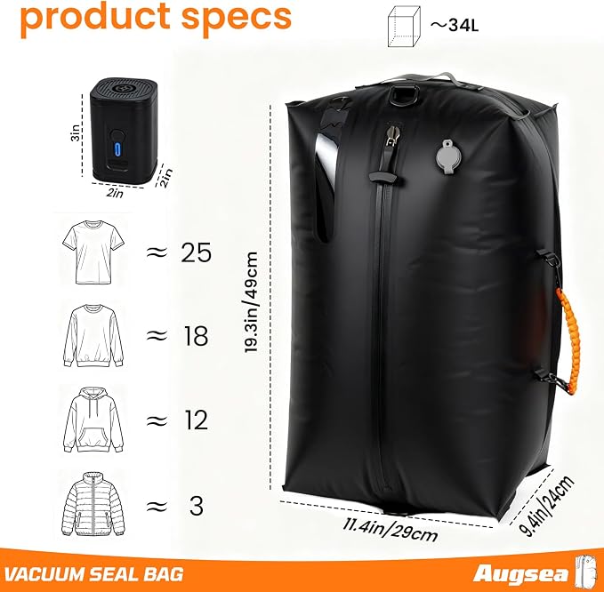 34L Vacuum Seal Bags for Clothing Travel - IP67waterproof & Reusable, Travel Vacuum Bags with Electric Pump,Compression Storage Bags for Camping/Luggage/Backpack Packing (2PC)