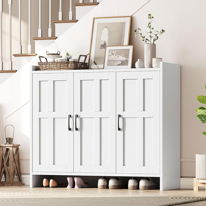 HOOBRO Shoe Cabinet for Entryway, 42.1" Large Shoe Storage Cabinet with 3 Doors, Adjustable Shelves Shoe Organizer for 16-20 Pairs, Freestanding Shoe Rack for Entryway, Hallway, Closet, White
