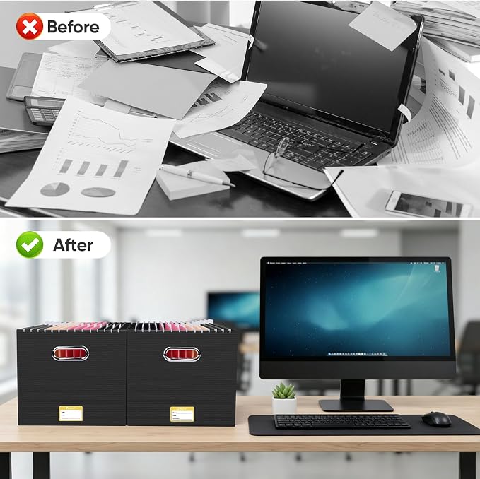 BALEINE File Organizer Box, Cardboard File Folder Organizer with Handle for Letter Size, Portable Collapsible Hanging Filing Box for Home Office Document Storage (1 Pack, Large Black)