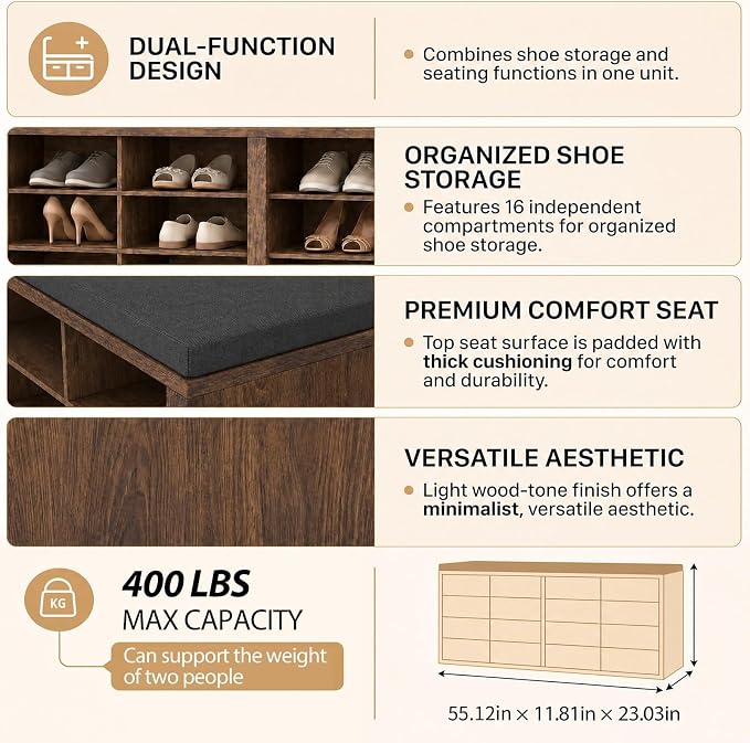 Shoe Storage Bench with Cushion Shoe Rack for Entryway 16 Cubby Multifunctional Organizer Bench Entryway with Soft Sponge Cushion for Hallway Living Room Bedroom (Rustic Brown & Dark Gray)