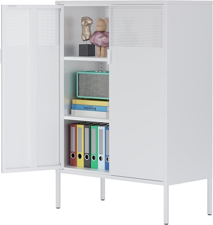 Ustamio 2 Door Accent White Metal Storage Cabinet with Adjustable Shelves and Air Vent Doors, 3 Tier Metal Sideboard Cabinet for Home, Office, Entryway, Hallway, Assembly Required, (LC-WGG-W)