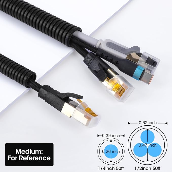 Wire Loom 1/4", 1/2 Inch x 50 FT, Split Wire Loom Tubing Wire Conduit, Cable Sleeves Bulk Flexible Electrical Conduit Protective kit – Black