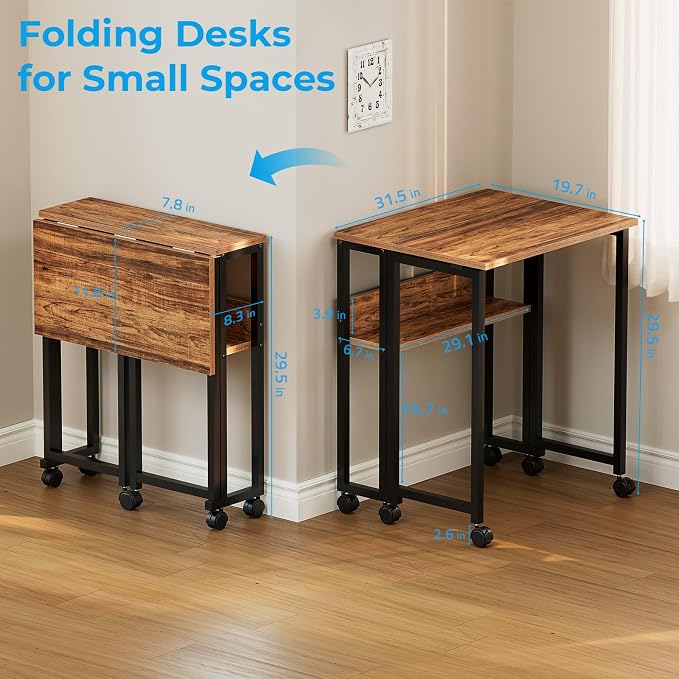 GreenForest Folding Desk with Wheels, 31.5" Rolling Table for Small Spaces | Storage Shelf, Lockable Casters, Compact Portable Workstation, Space-Saving Foldable Sofa Table, Home Office, Mobile, Walnut
