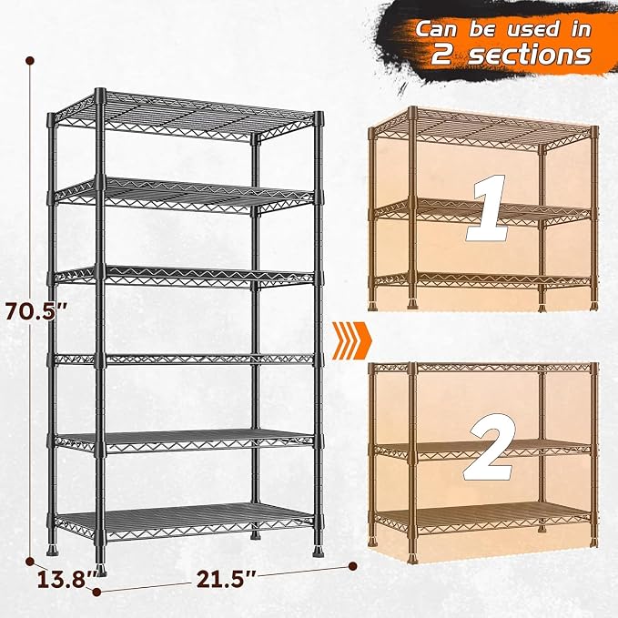 REIBII 6-Tier Metal Shelving Unit, 800LBS Heavy Duty Wire Shelving with Anti-Tipping Kit, No Tools Needed, Adjustable Storage Shelves for Garage Pantry Kitchen Closet, 13.8" D x 21.5" W x 70.5" H