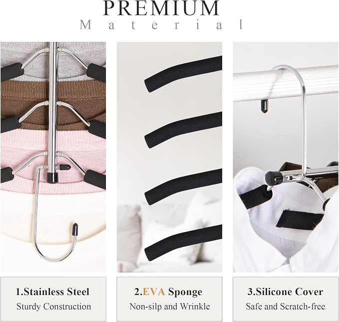 Space Saving Clothes Hangers – 5-in-1 Shirt & Coat Hangers with Non-Slip Foam, Stainless Steel Tiered Closet Organizer for Sweatshirts, Hoodies, Sweaters, T-Shirts – 4 Pack by ZNBEN