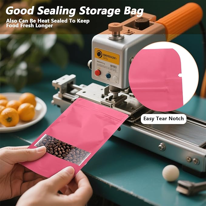 100PCS Foil Pouch Mylar Bags with Clear Window,ULIFESTAR Stand Up Sealable Bags with Tear Notches,Resealable for Food,Party Favors,Gift Packaging and Small Business(10 * 15cm/3.94 * 5.91",Pink)