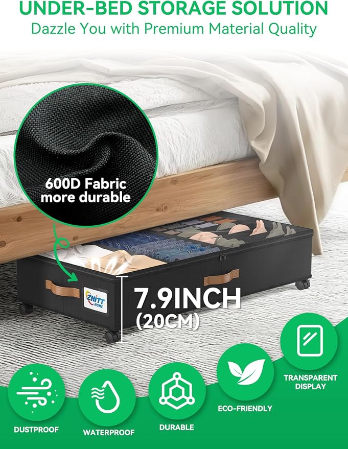 Under Bed Storage with Wheels 2 Pack, UnderBed Storage Clother Organizer | XXL UnderBed Shoe Storage Containers & Bedroom Furniture Organizers, Foldable Home Storage Bins for Bedroom Organization